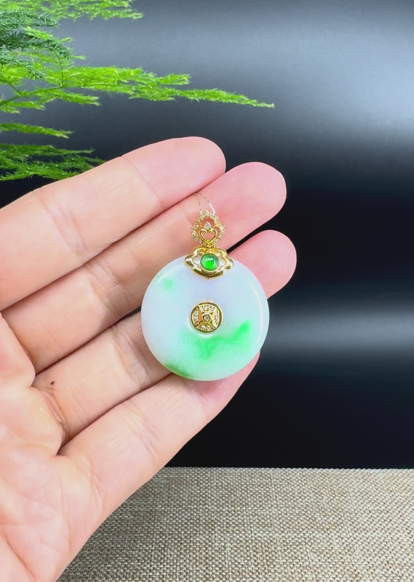 Load and play video in Gallery viewer, &amp;quot;Good Luck Button&amp;quot; Lavender Green Jadeite Jade Lucky KouKou Pendant With 18K Yellow Gold Bail
