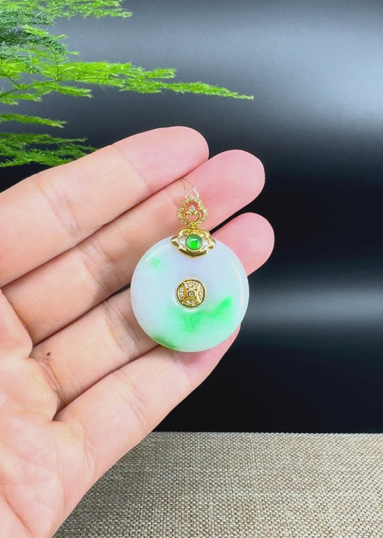 Load and play video in Gallery viewer, &amp;quot;Good Luck Button&amp;quot; Lavender Green Jadeite Jade Lucky KouKou Pendant With 18K Yellow Gold Bail
