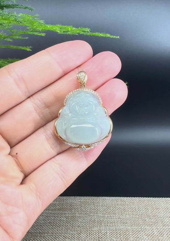 Load and play video in Gallery viewer, RealJade® &amp;quot;Laughing Buddha&amp;quot; 18k Rose Gold Genuine Ice Jadeite Jade Pendant
