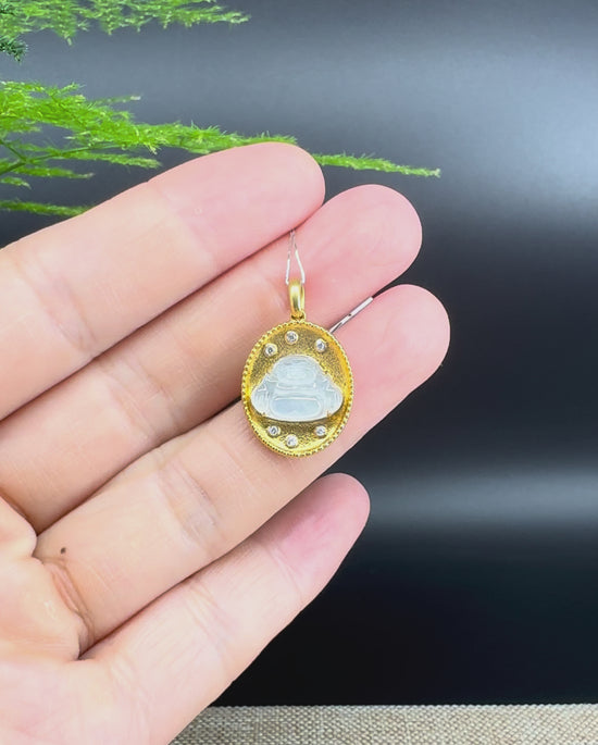 Load and play video in Gallery viewer, RealJade® Co. 18K Yellow Gold Genuine Burmese Ice Jadeite Buddha Pendant with Diamonds
