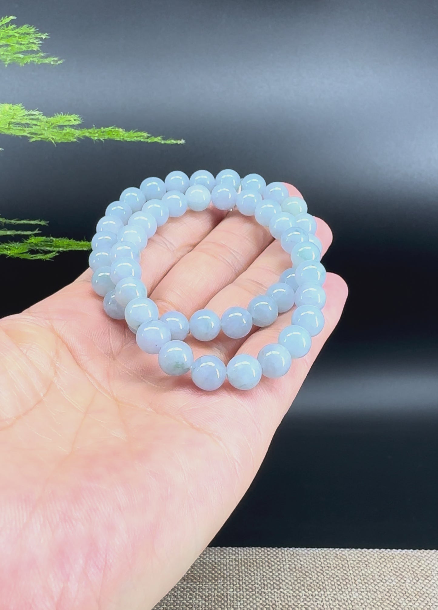 Load and play video in Gallery viewer, RealJade® Co. Genuine Jadeite Jade Round Light Lavender Blue  Beads Bracelet (7.8mm)
