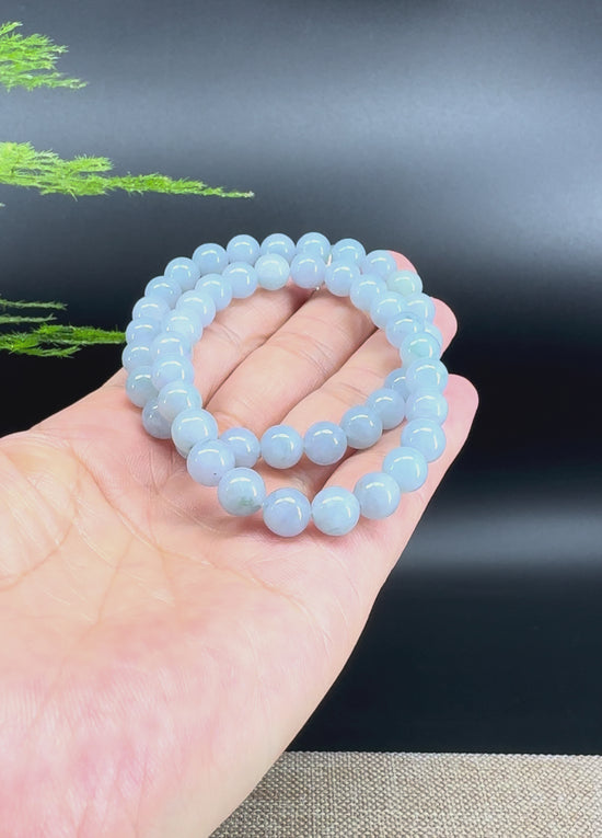Load and play video in Gallery viewer, RealJade® Co. Genuine Jadeite Jade Round Light Lavender Blue  Beads Bracelet (7.8mm)
