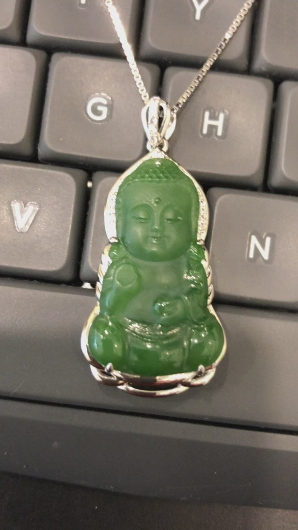 Load and play video in Gallery viewer, RealJade® Guan Yin Sterling Silver Genuine Nephrite Green Jade GuanYin Baby Buddha  Pendant Necklace
