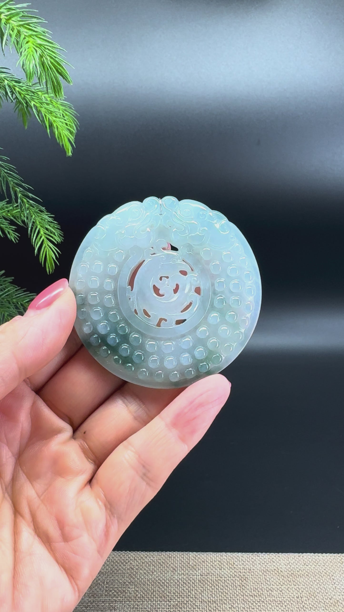Load and play video in Gallery viewer, RealJade® Co. Natural Icy Blue Jadeite Jade Dragons Round Pendant
