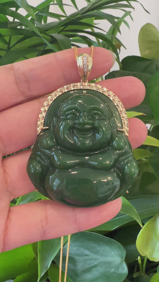 Load and play video in Gallery viewer, RealJade® &amp;quot;Laughing Buddha&amp;quot; Large 14k Yellow Gold Genuine Nephrite Green Jade with Diamonds Buddha Pendant Necklace High-end Collectable
