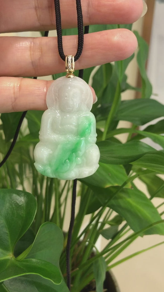 Load and play video in Gallery viewer, RealJade® 14k &amp;quot;Goddess of Compassion&amp;quot; Genuine Burmese Jadeite Jade Guanyin Necklace With Diamond Bail
