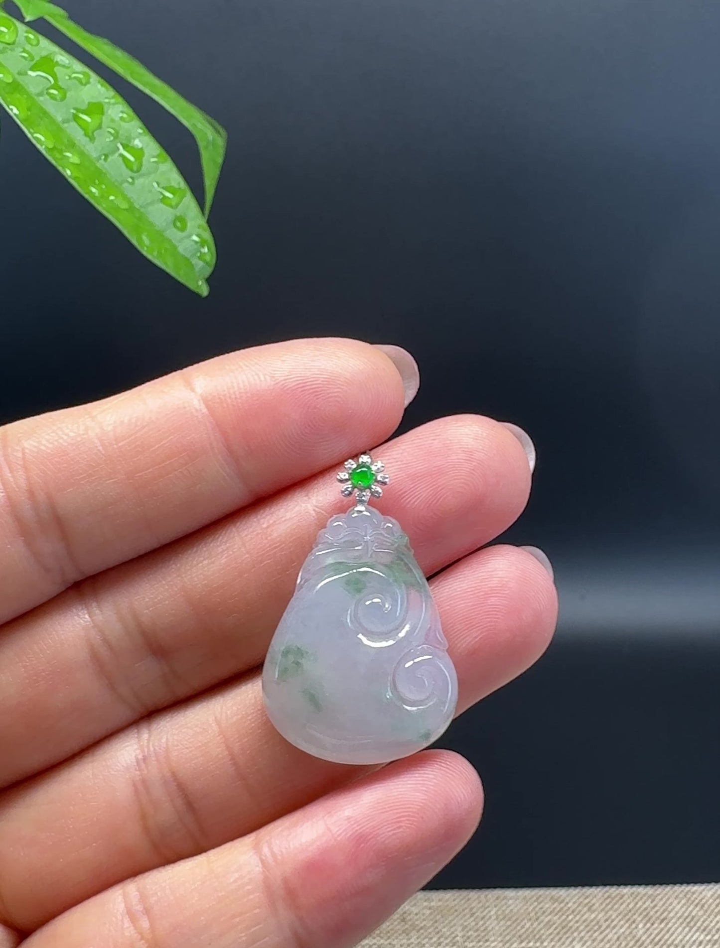 RealJade® Co. Genuine Icy Green Jadeite Jade Good Luck RuYi Necklace With 18K  White Gold Bail