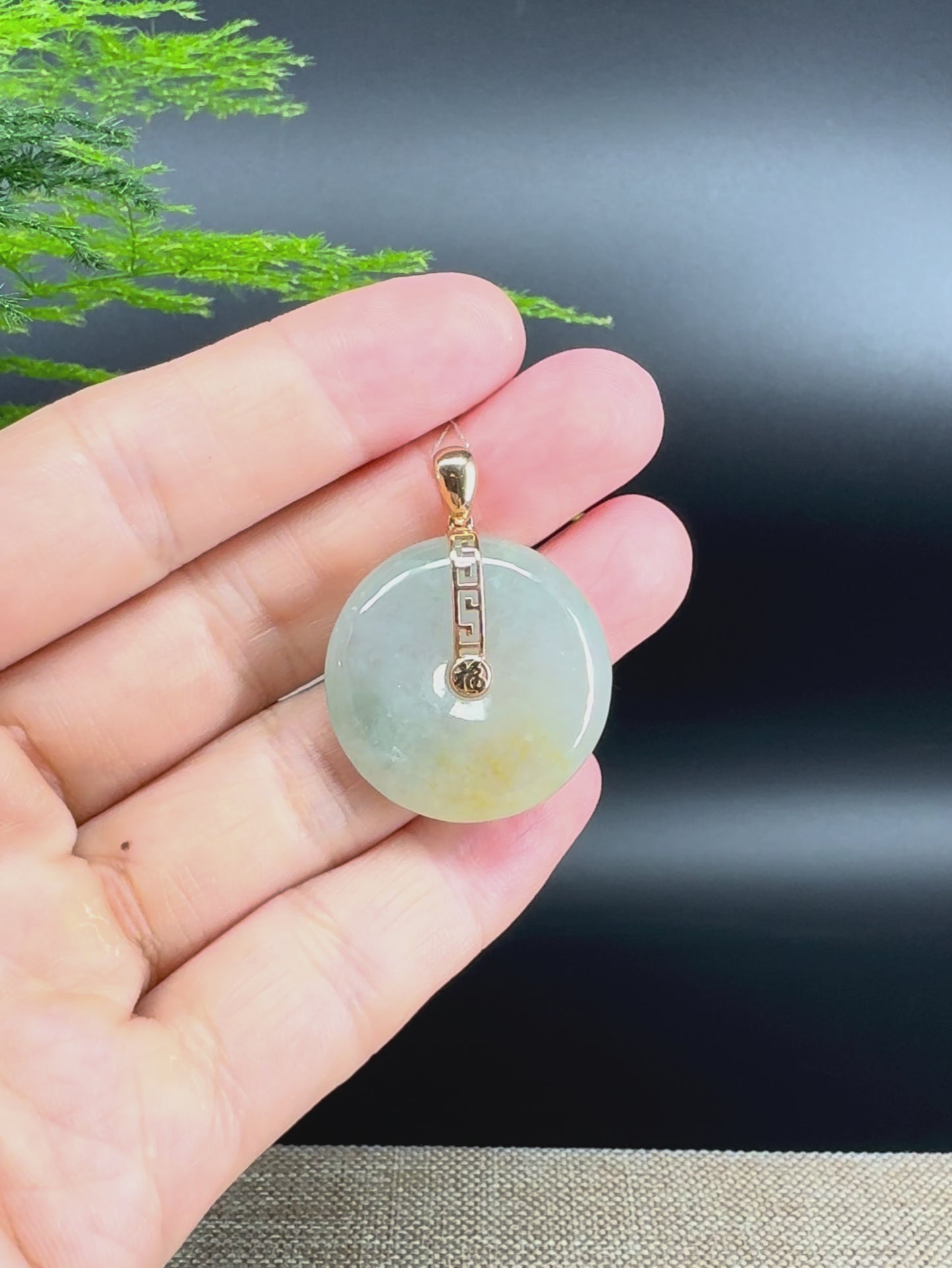 "Good Luck Button" Icy Yellow Green Jadeite Jade Lucky KouKou Pendant With 18K Rose Gold Bail