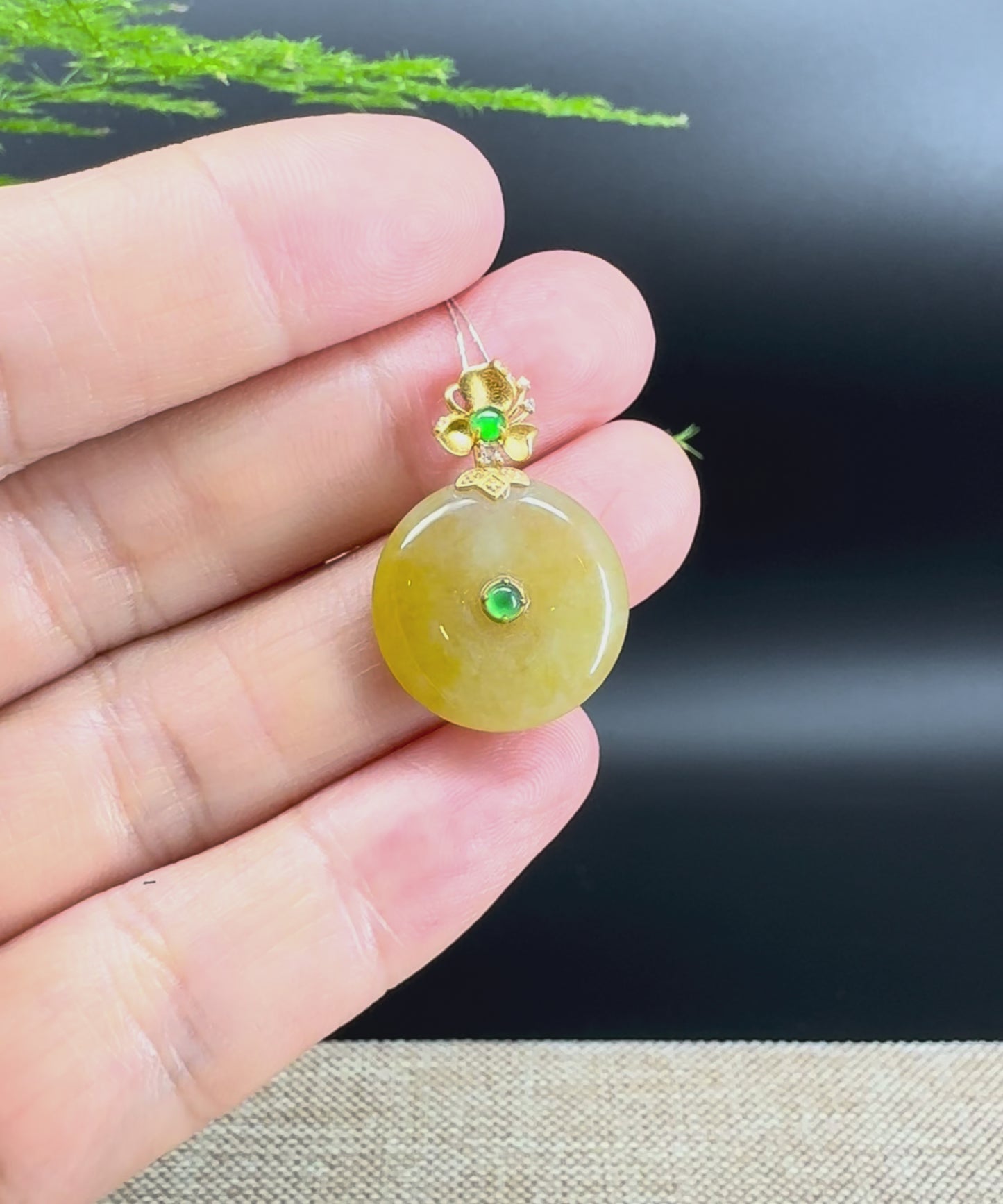 "Good Luck Button" Yellow Jadeite Jade Lucky KouKou Pendant With 18K Yellow Gold Diamonds Bail