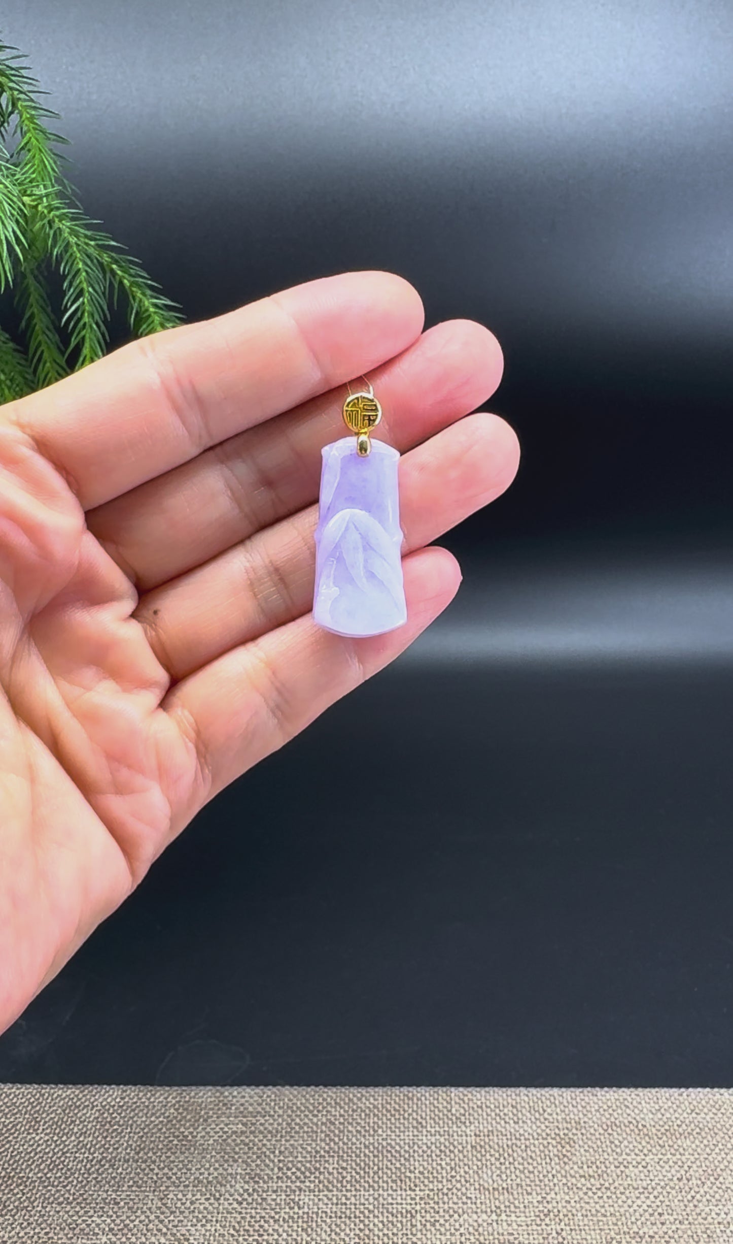 RealJade® Co. 18k Yellow Gold Genuine Burmese Lavender Jadeite Jade Bamboo Pendant