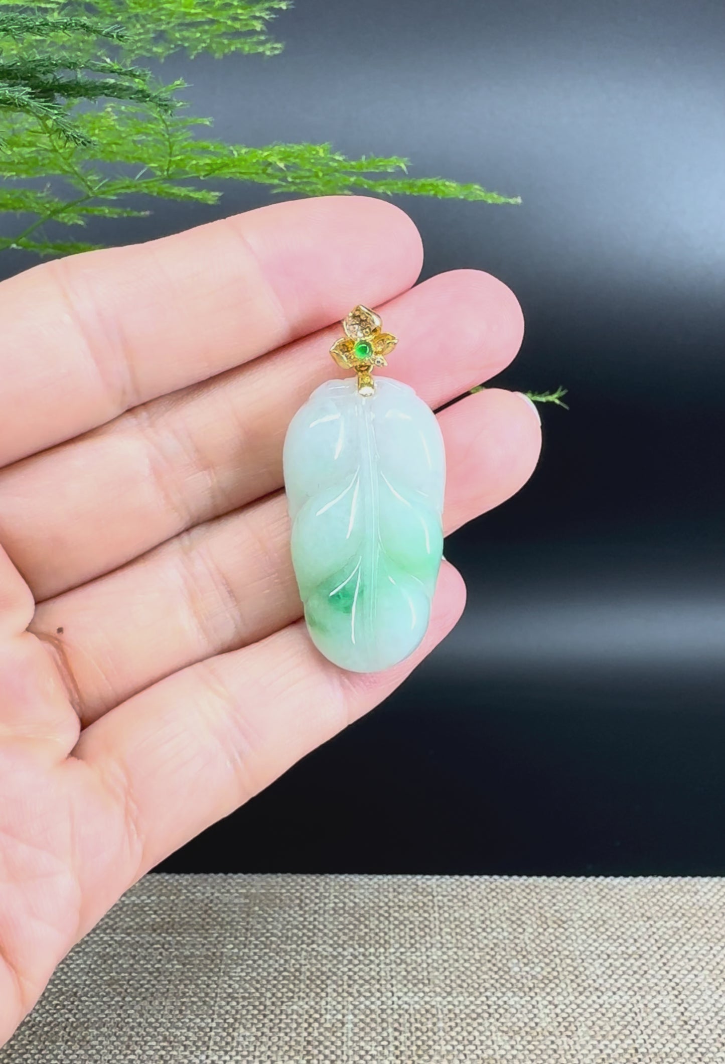 Load and play video in Gallery viewer, RealJade® Co. Genuine Ice Green Jadeite Jade Jin Zhi Yu Ye (Leaf) Necklace With 18K Yellow Gold Bail
