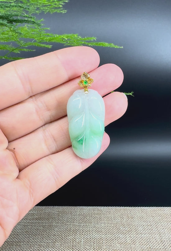 Load and play video in Gallery viewer, RealJade® Co. Genuine Ice Green Jadeite Jade Jin Zhi Yu Ye (Leaf) Necklace With 18K Yellow Gold Bail
