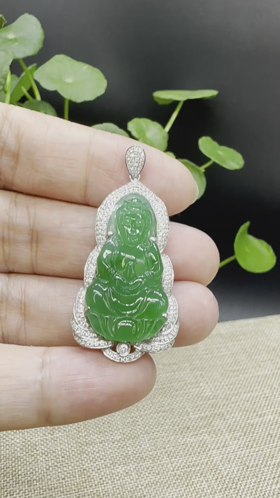 Load and play video in Gallery viewer, High end  &amp;quot;Goddess of Compassion&amp;quot; 18k White Gold Genuine Burmese Jadeite Jade Guanyin Necklace With Good Luck Design
