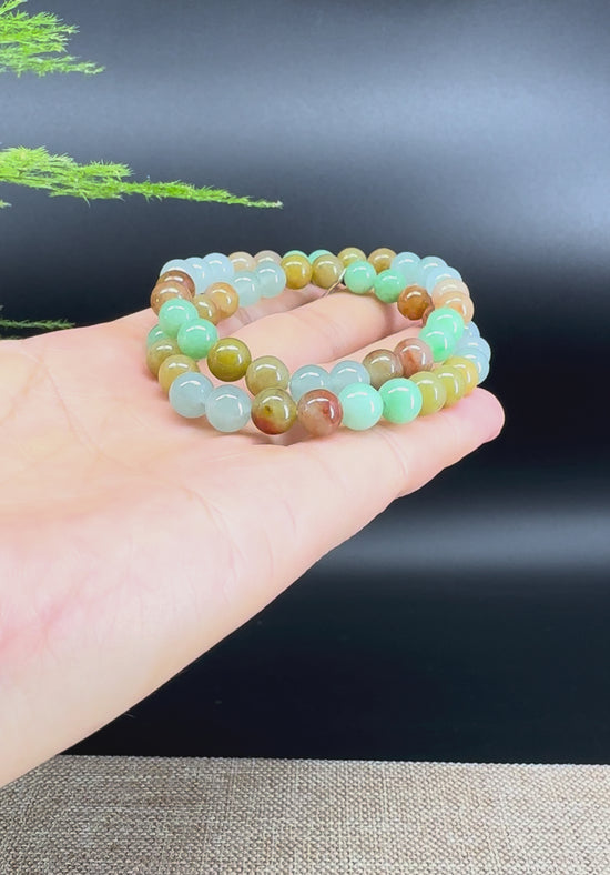 Load and play video in Gallery viewer, RealJade® Co. Genuine Jadeite Jade Round Multiple Colors Beads Bracelet (7 mm)
