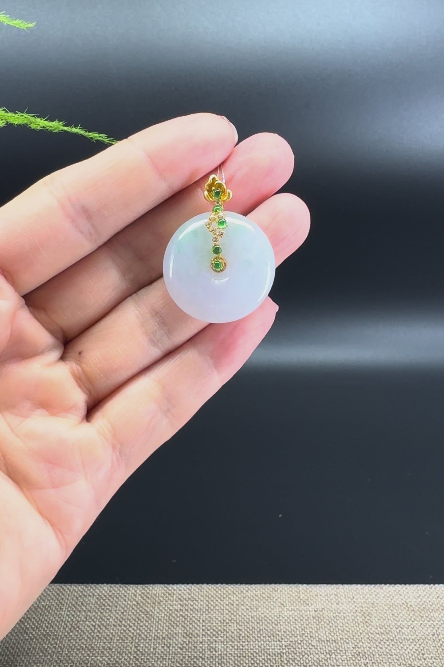 "Good Luck Button" Light Green Jadeite Jade Lucky KouKou Pendant With 18K Yellow Gold Bail