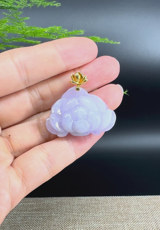 Load and play video in Gallery viewer, RealJade® Co. Genuine Lavender Jadeite Jade Good Lotus  Necklace With 18K Yellow Gold Bail
