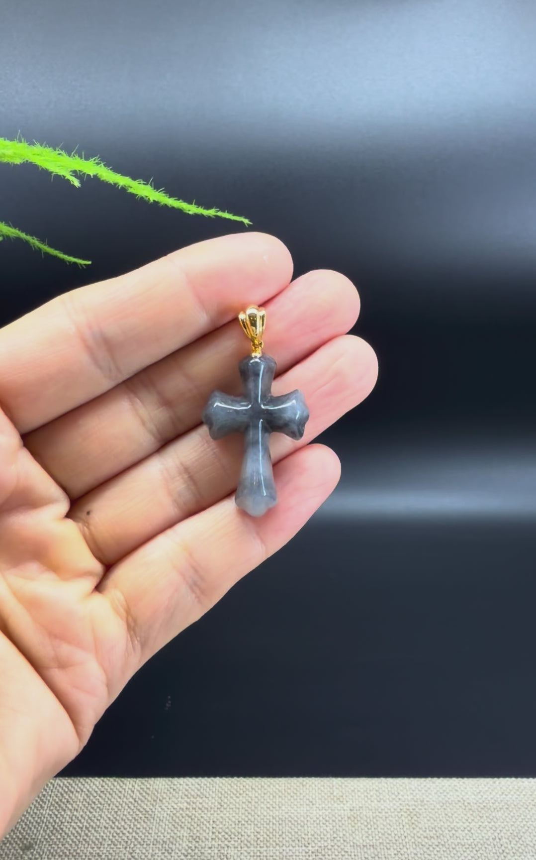 RealJade® Co. Genuine Smoky Wuji Jadeite Jade Cross Pendant Necklace With 18K Yellow Gold Bail