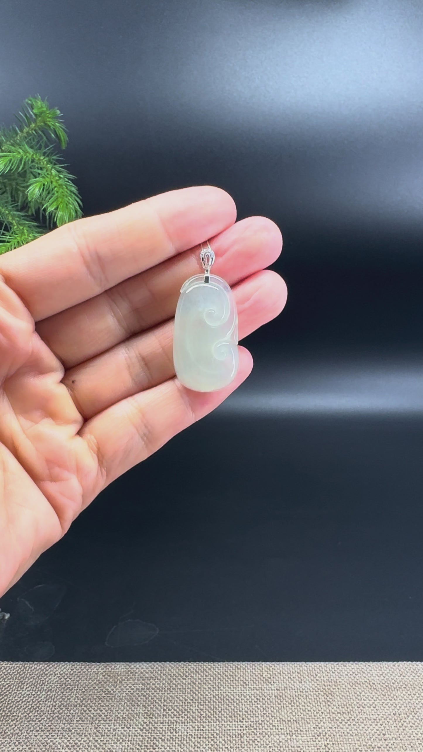 RealJade® Co. Genuine Icy Green Jadeite Jade Good Luck RuYi Necklace With 18K White Gold Bail