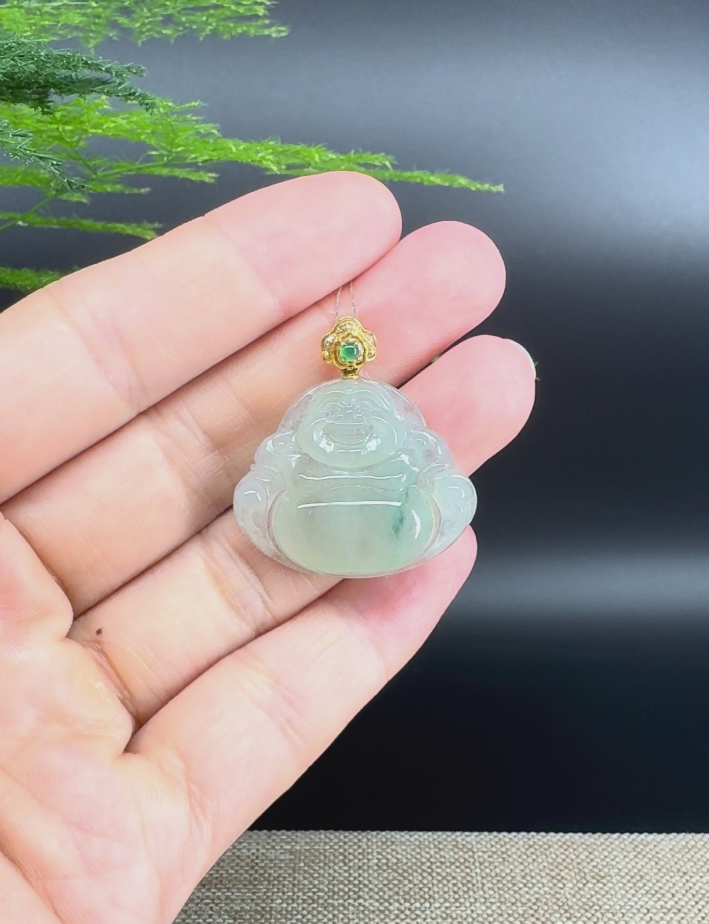 Load and play video in Gallery viewer, 18K Yellow Gold Burmese Icy Green Jadeite Jade Happy Buddha Pendant

