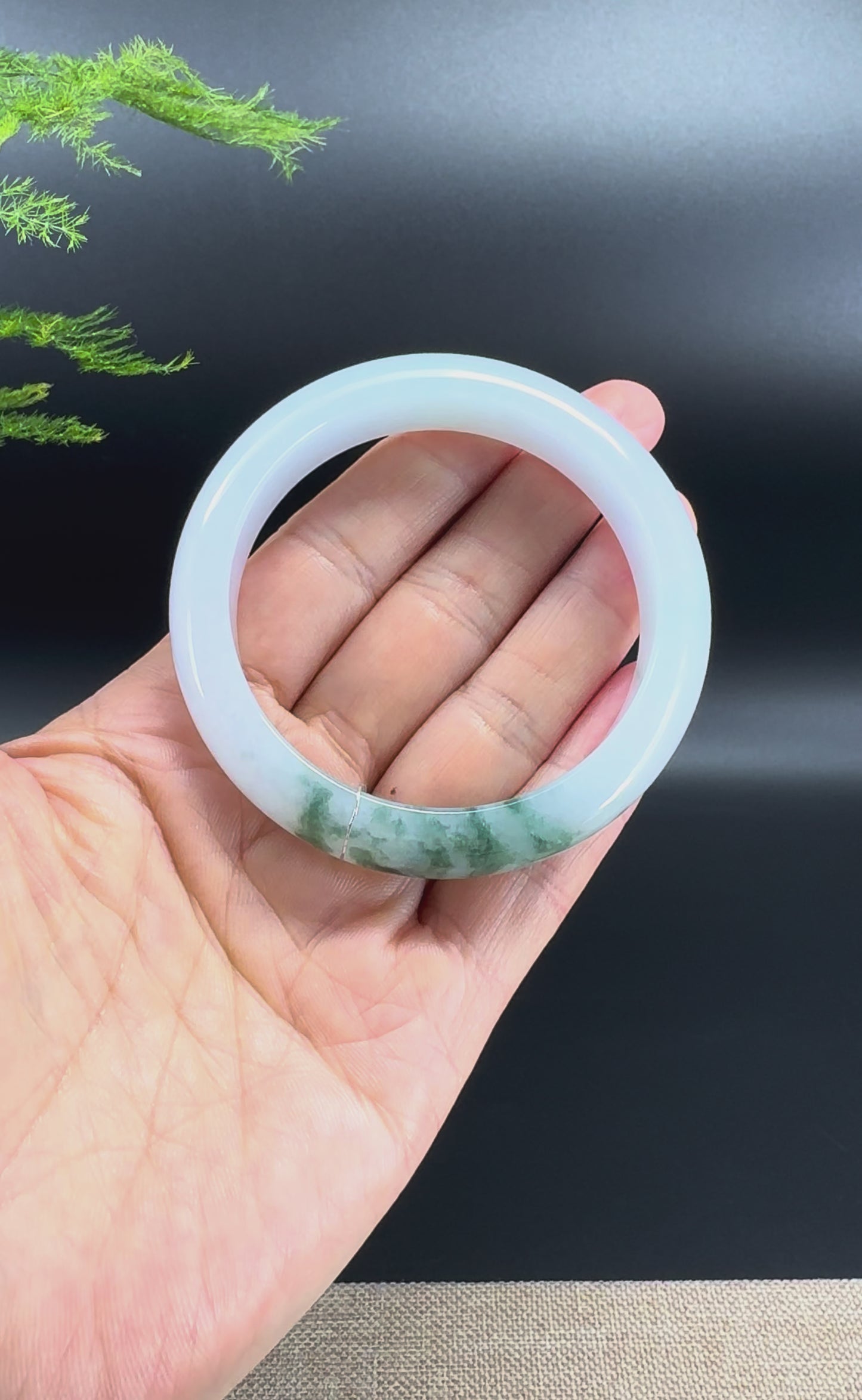 Genuine Burmese White Green Flower Jade Jadeite Bangle Bracelet ( 55.4mm )