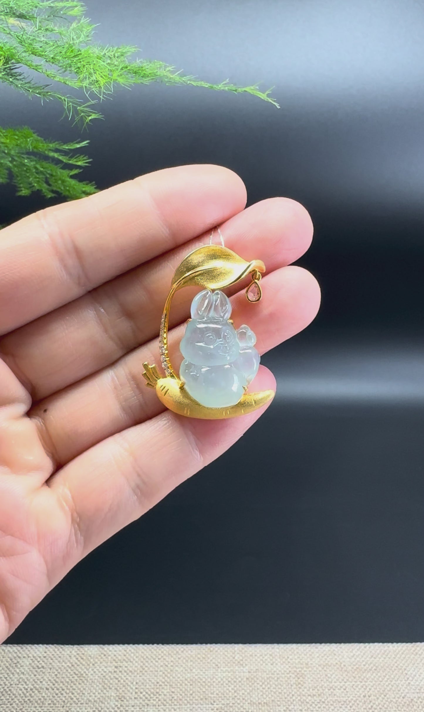 RealJade® 18k Yellow Gold Icy Jadeite Jade Rabbit & Carrot  Pendant Necklace with Diamond