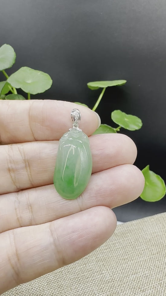 Load and play video in Gallery viewer, Natural Green Jadeite Jade Shou Tao (Longevity Peach) Necklace With 18k White Gold Diamond Bail
