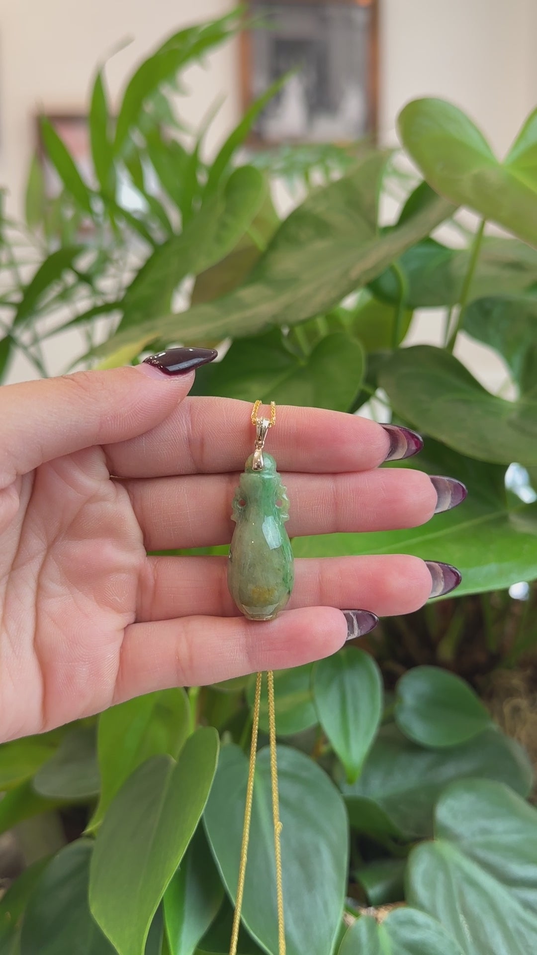 Load and play video in Gallery viewer, RealJade® Co. Natural Unique Jadeite Jade Lucky Bottle Necklace with 14k Yellow Gold Bail
