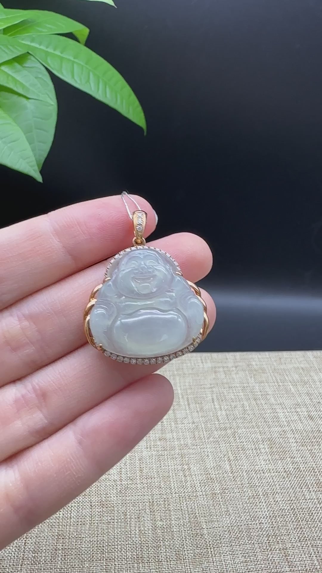 Load and play video in Gallery viewer, RealJade® &amp;quot;Laughing Buddha&amp;quot; 18k Rose Gold Genuine Ice Jadeite Jade Pendant
