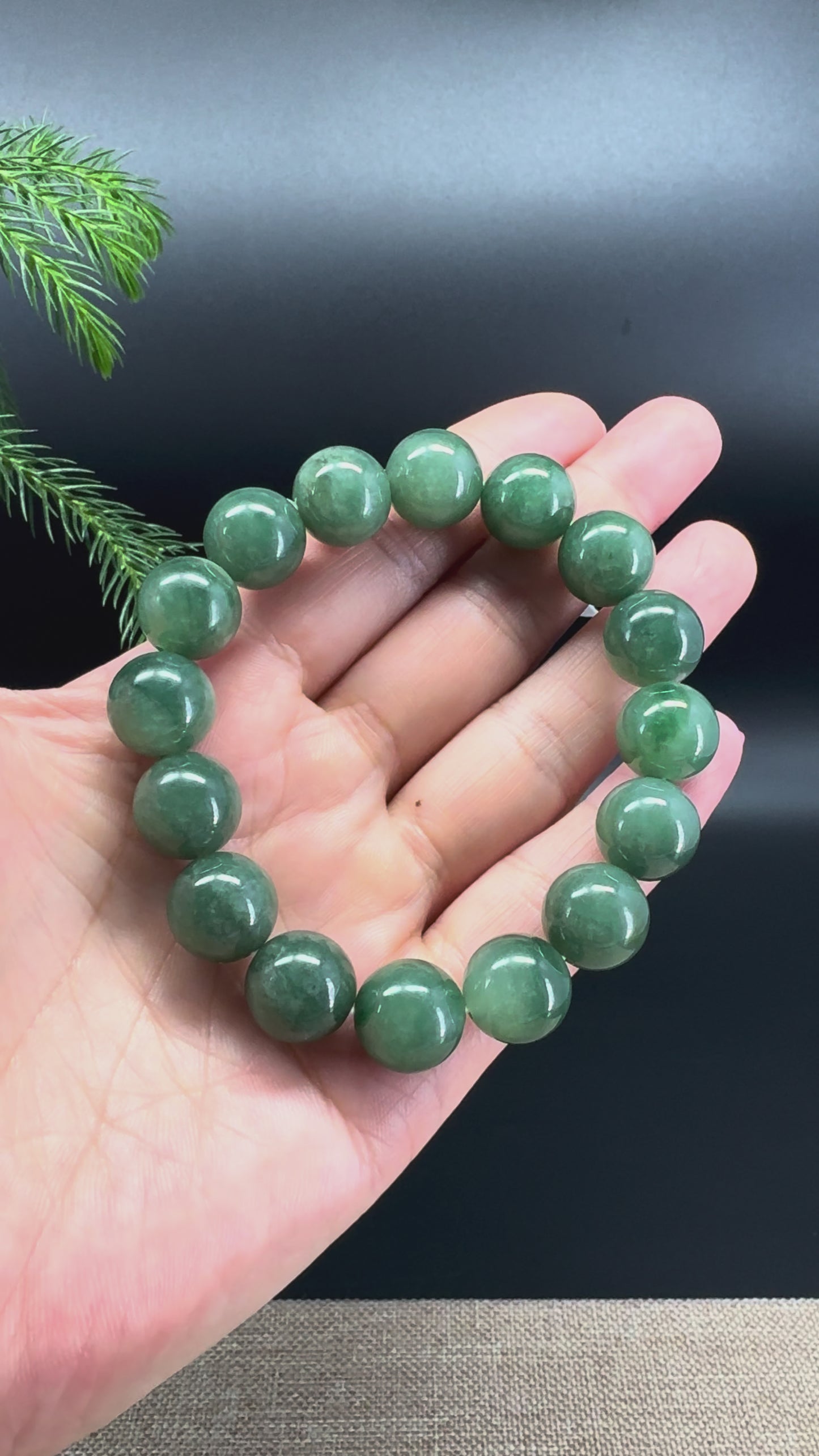 Load and play video in Gallery viewer, RealJade® Genuine Jadeite Jade Round Forest Green Beads Bracelet ( 12.5 mm )
