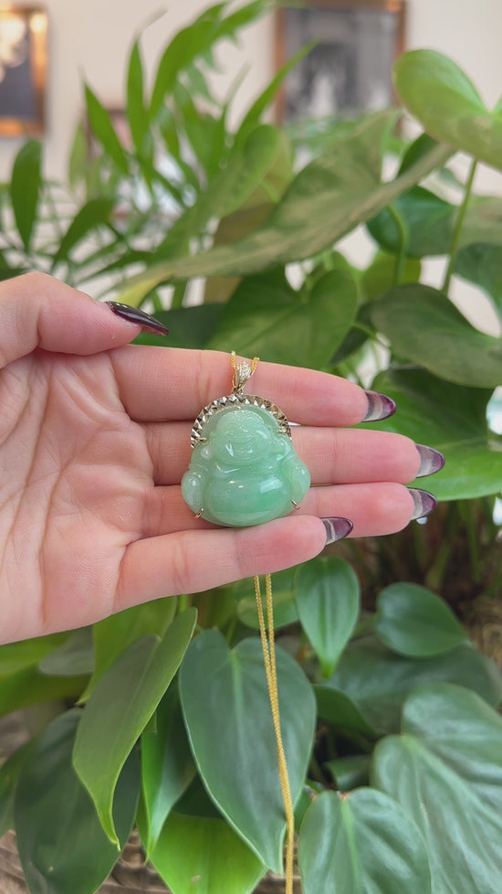 Load and play video in Gallery viewer, RealJade® Co. RealJade® Co. &amp;quot;Laughing Buddha&amp;quot; 14k Gold Genuine Green Jadeite Jade with VS1 Diamonds
