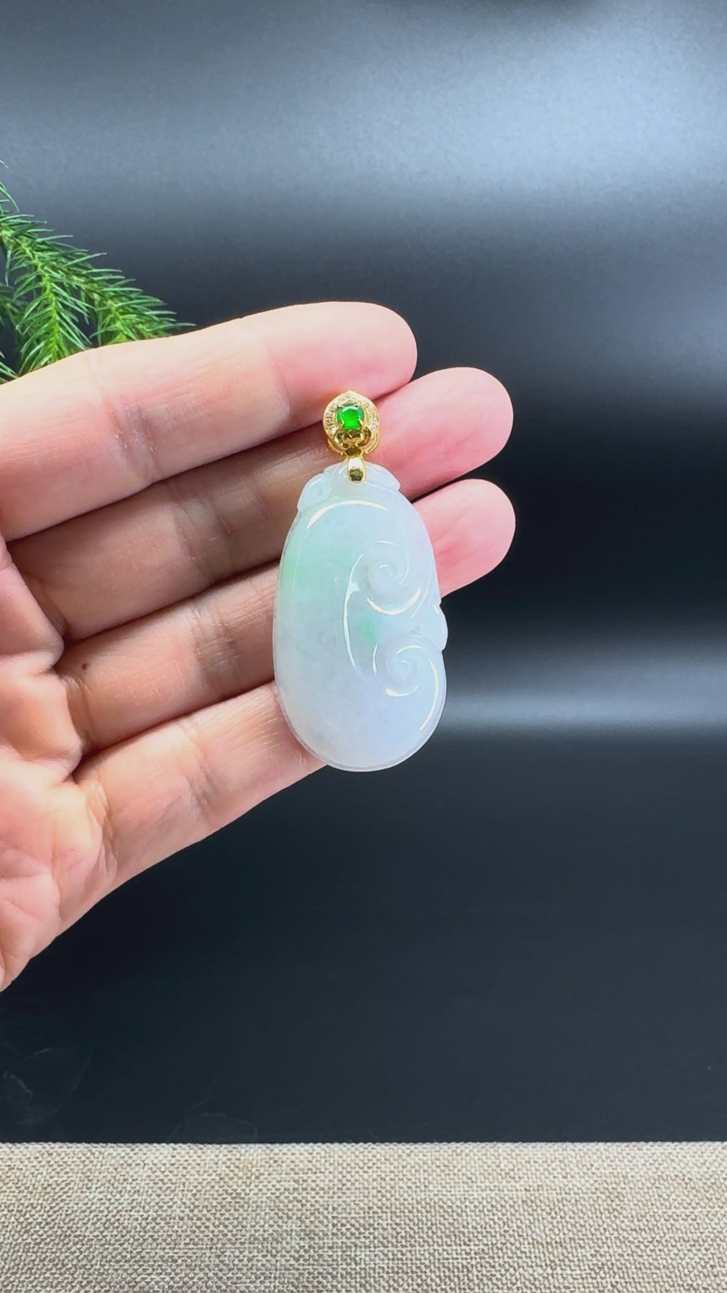RealJade® Co. Genuine Burmese Icy White & Green Jadeite Jade RuYi Pendant with 18k Yellow Gold Diamonds Bail