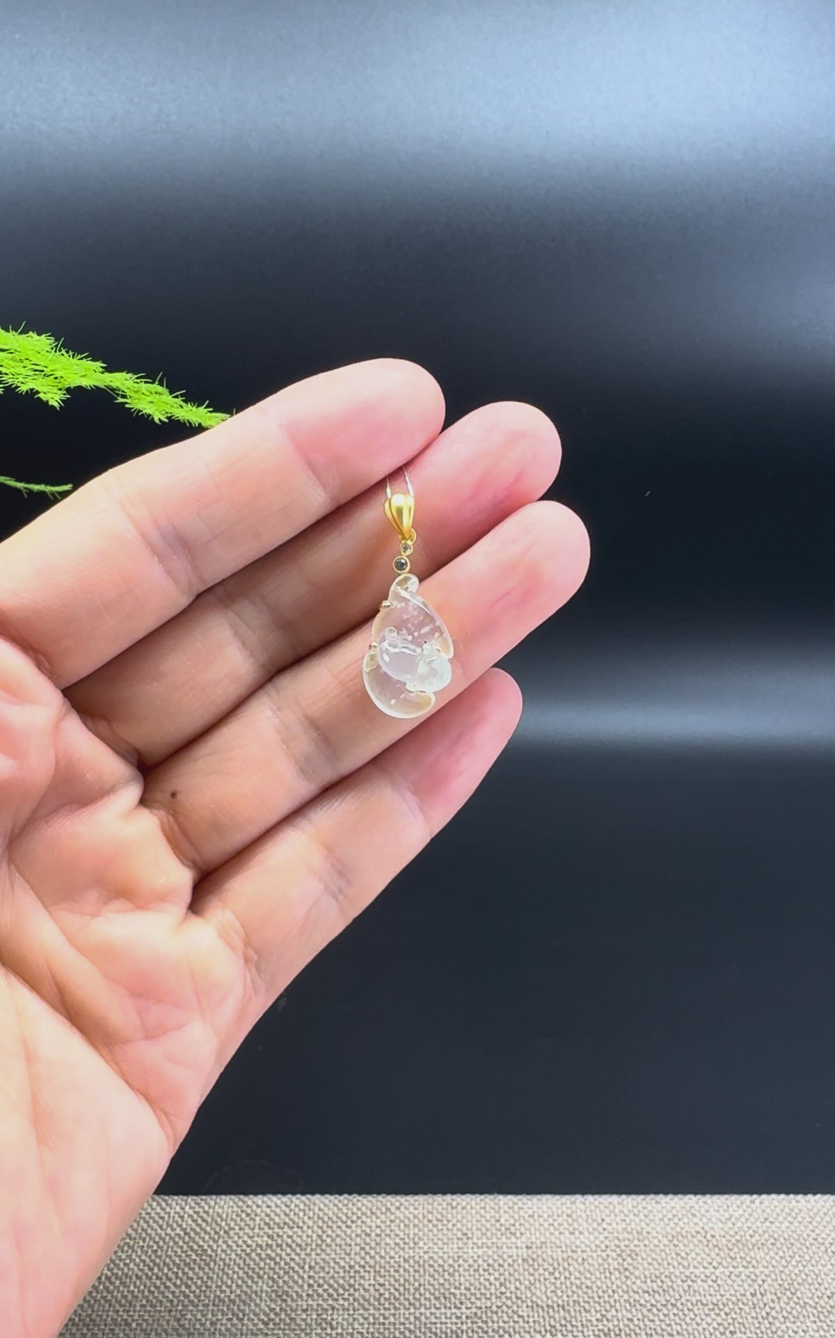 RealJade® Co. Genuine Icy White Jadeite Jade Bat Pendant/Charm Necklace With 18K Yellow Gold Diamonds Bail
