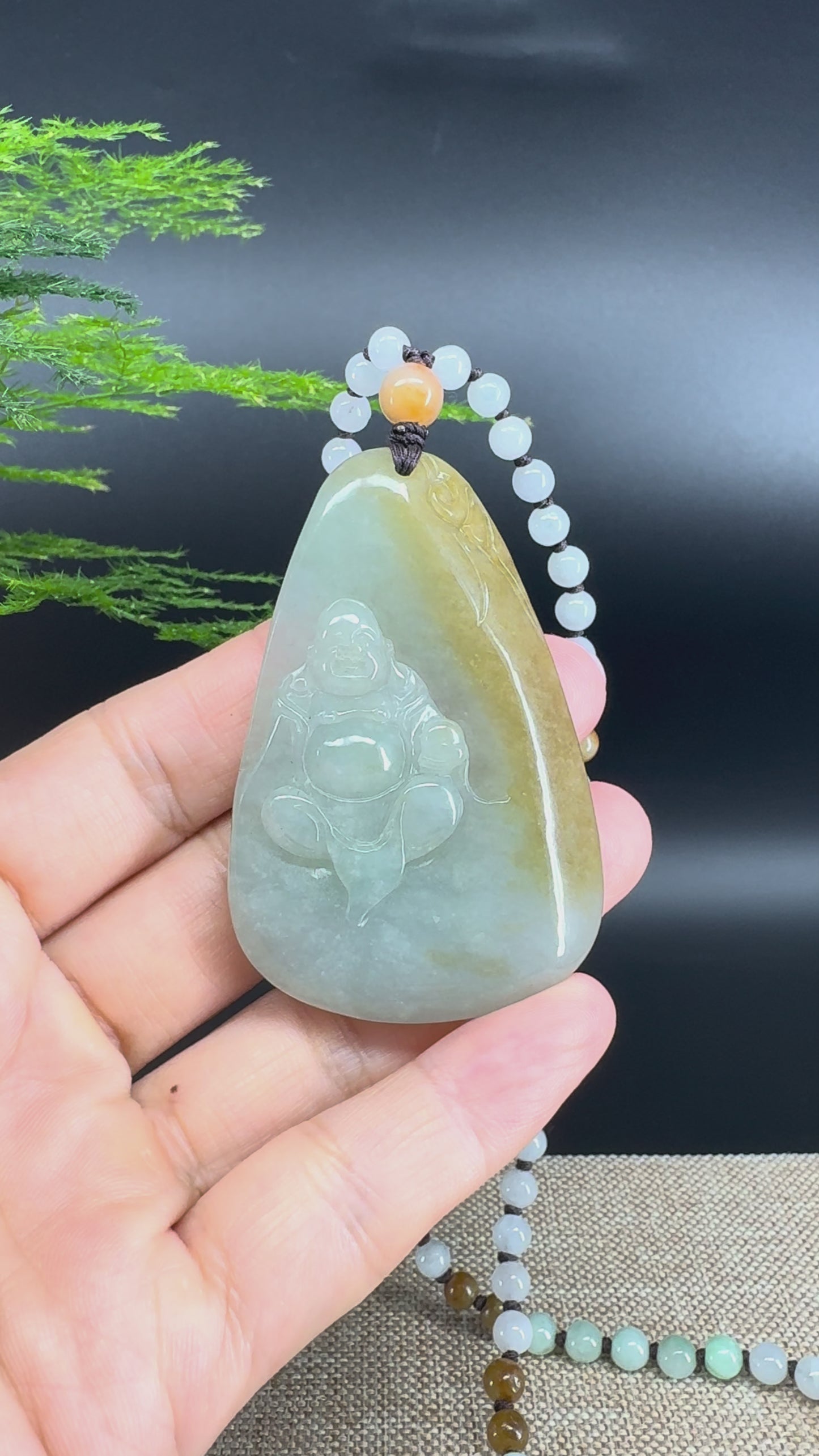 Load and play video in Gallery viewer, RealJade® Co.  Genuine Burmese Jadeite Jade Yellow Green Happy Buddha Pendant Necklace
