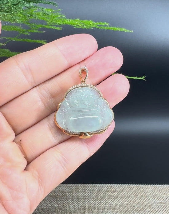 Load and play video in Gallery viewer, RealJade® &amp;quot;Laughing Buddha&amp;quot; 18k Rose Gold Genuine Ice Jadeite Jade Pendant
