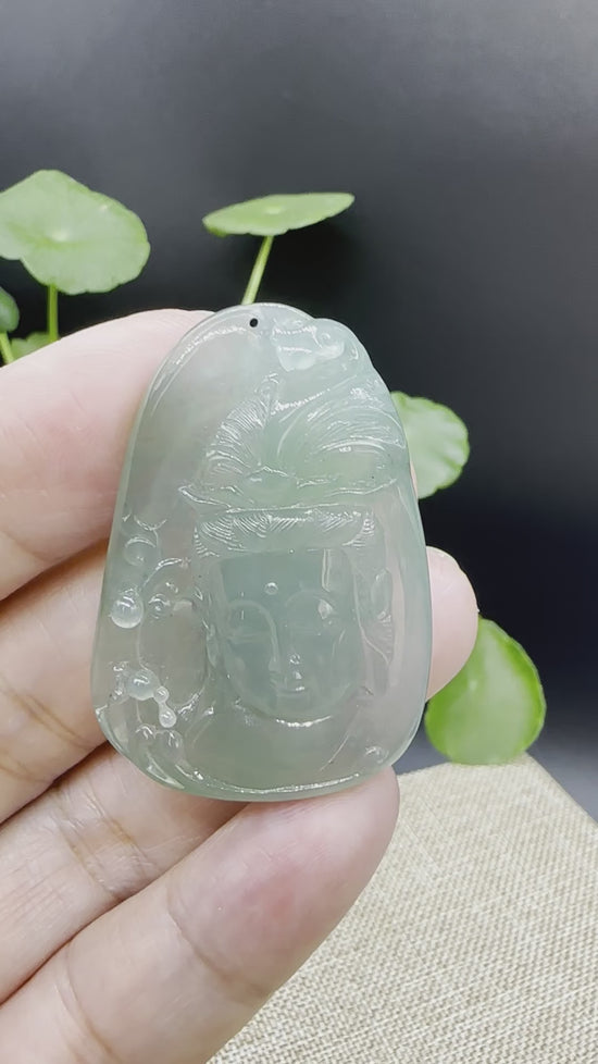 Load and play video in Gallery viewer, High end  &amp;quot;Goddess of Compassion&amp;quot; Genuine Ice Green Burmese Jadeite Jade Guanyin Necklace
