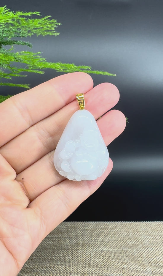 Load and play video in Gallery viewer, 18K Yellow Gold Burmese White Jadeite Jade Happy Buddha Pendant
