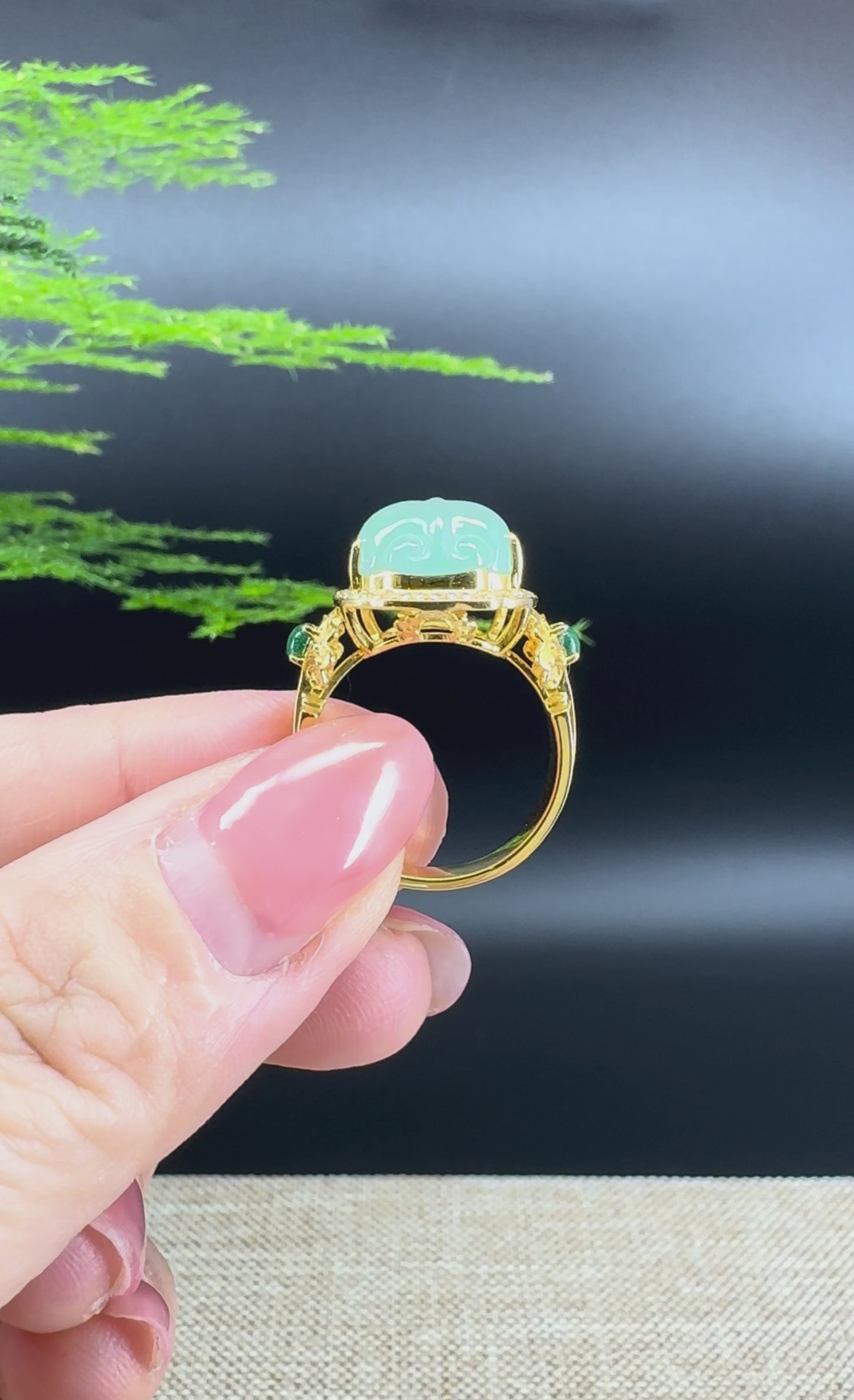 Load and play video in Gallery viewer, RealJade® &amp;quot;Signature Signet&amp;quot; 18K Yellow Gold Icy Green Jadeite Jade PiXiu Ring
