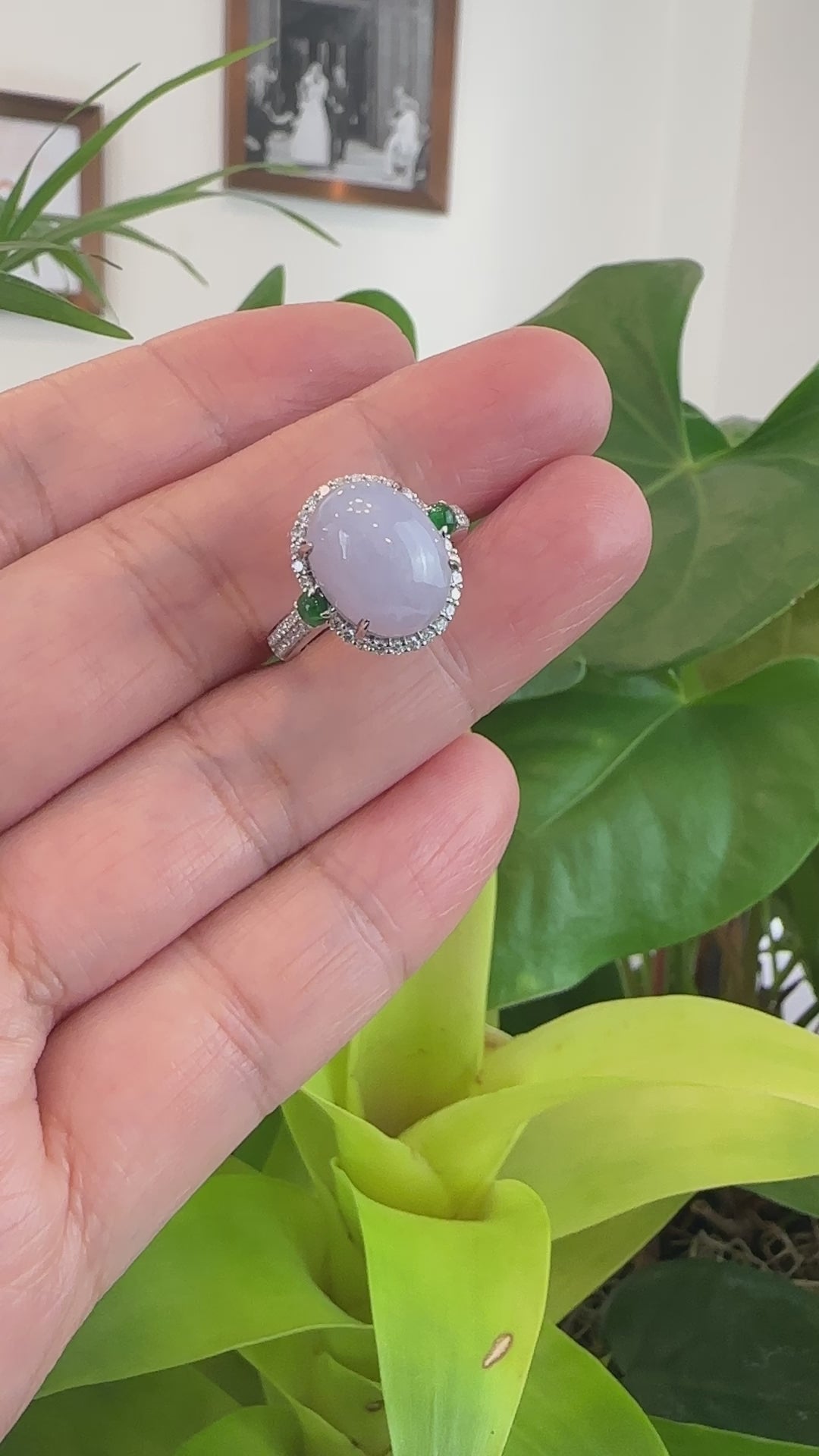 Load and play video in Gallery viewer, RealJade® Co. 14k White Gold Natural Rich Lavender Oval Jadeite Jade Engagement Ring With Diamonds
