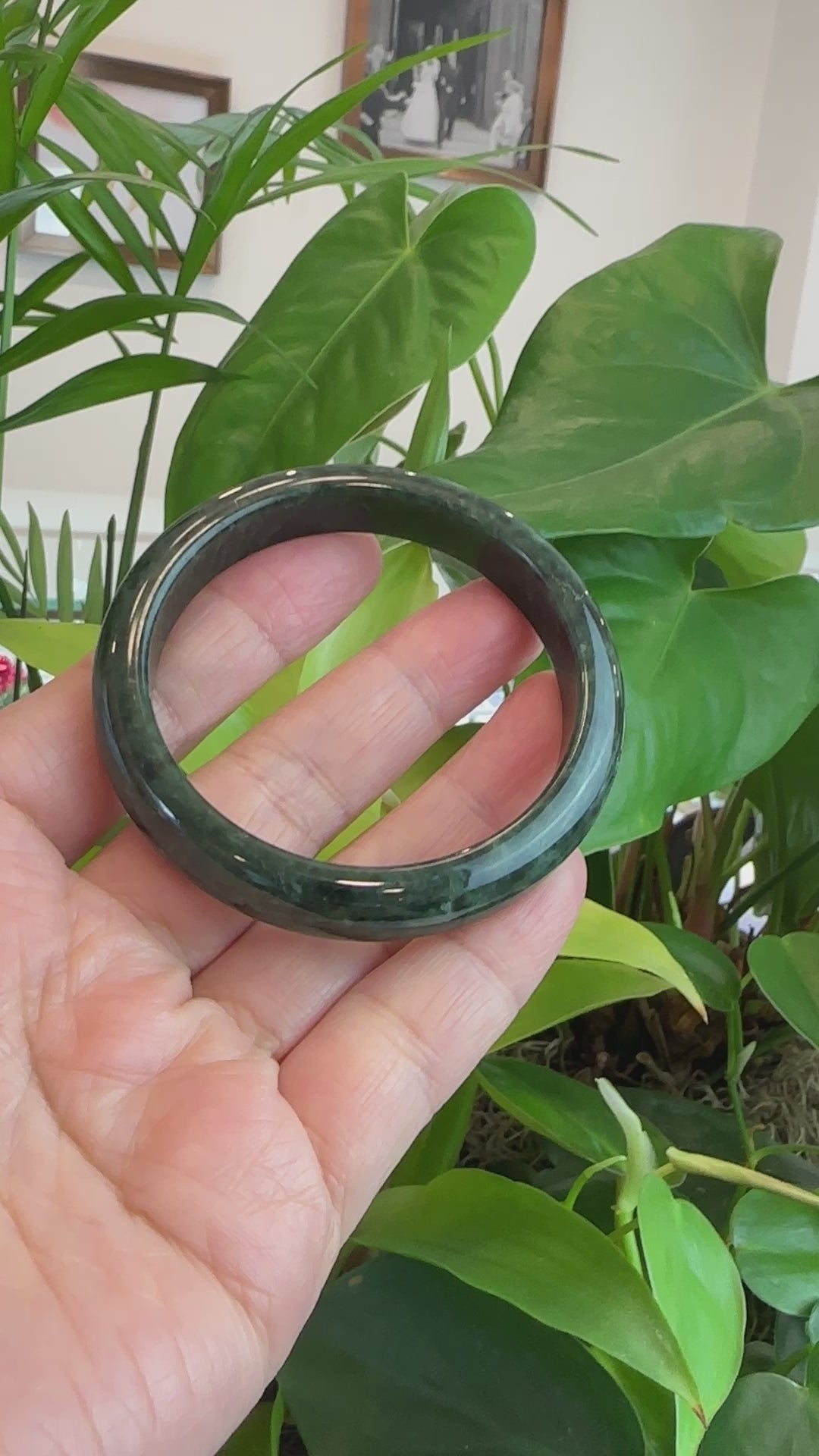 Load and play video in Gallery viewer, RealJade® Co. &amp;quot;Classic Bangle&amp;quot; Genuine Burmese Dark Green Jadeite Jade Bangle Bracelet (57.5 mm) #197
