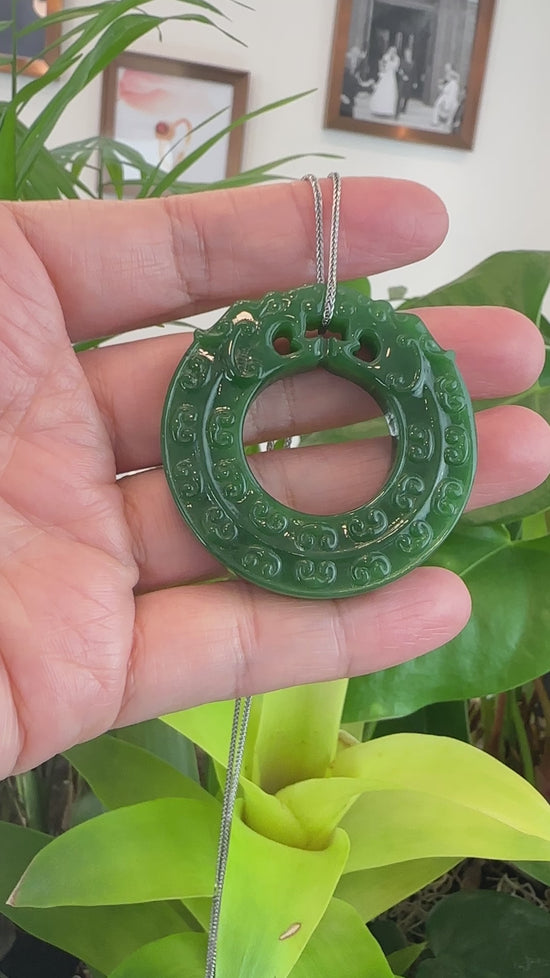 Load and play video in Gallery viewer, RealJade® Co. RealJade® Co. &amp;quot; Double Dragon Good Fortune&amp;quot; Carving Pendant Necklace Natural Nephrite Jade
