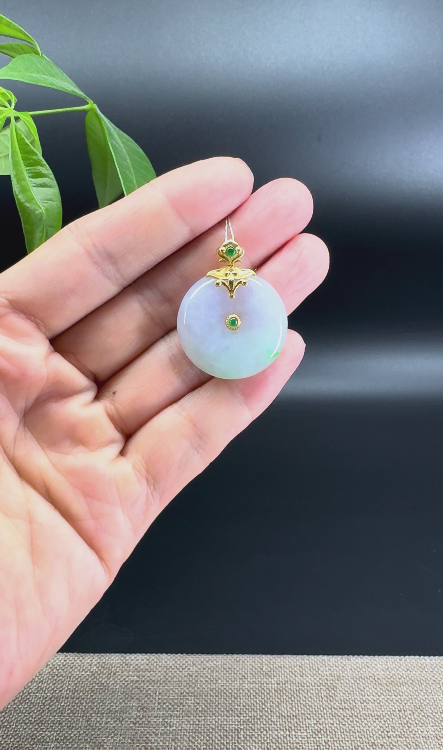"Good Luck Button" Light Lavender & Green Jadeite Jade Lucky KouKou Pendant With 18K Yellow Gold  Bail
