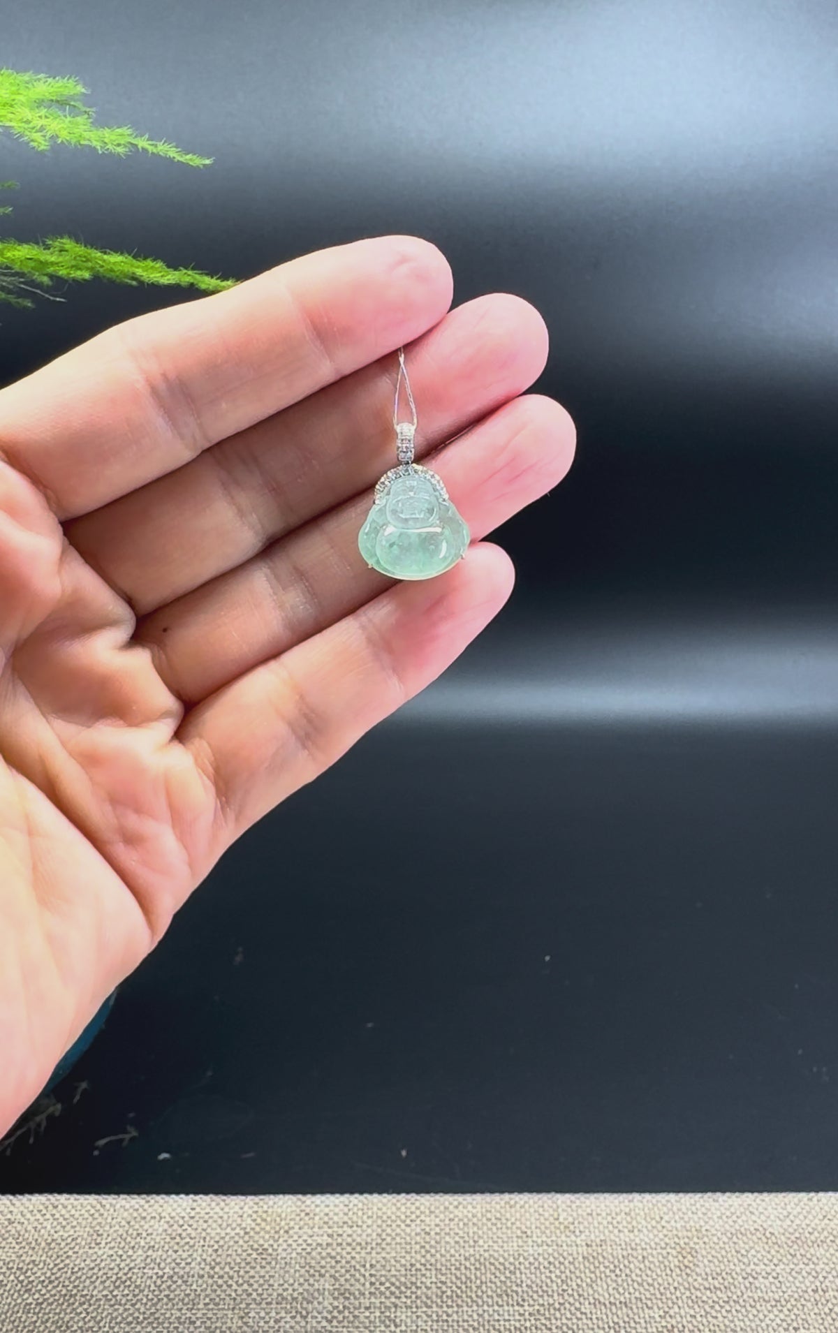 18K White Gold Burmese Icy Green Jadeite Jade Mini Buddha Pendant With Diamonds