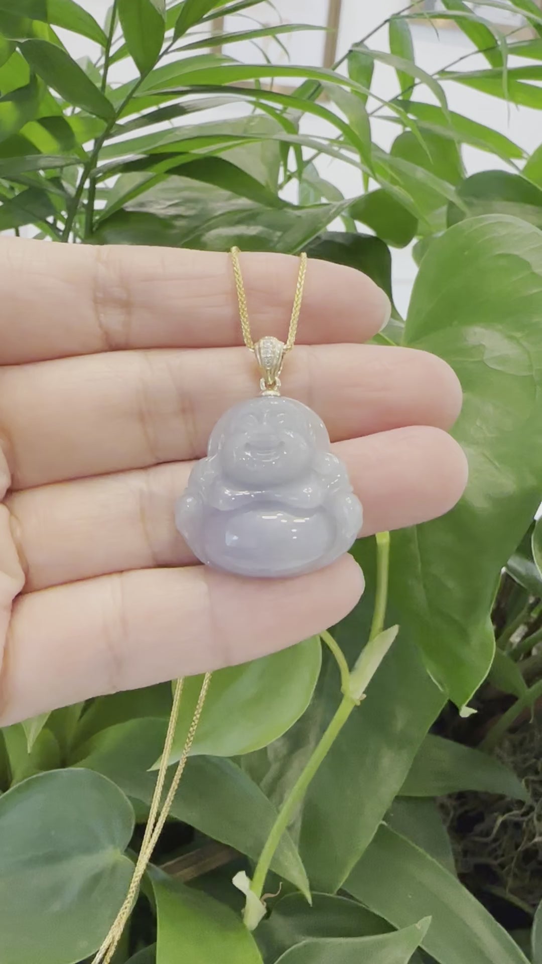 Load and play video in Gallery viewer, &amp;quot;Laughing Buddha&amp;quot; 14k Yellow Gold Lavender Jadeite Jade with VS1 Diamonds Bail
