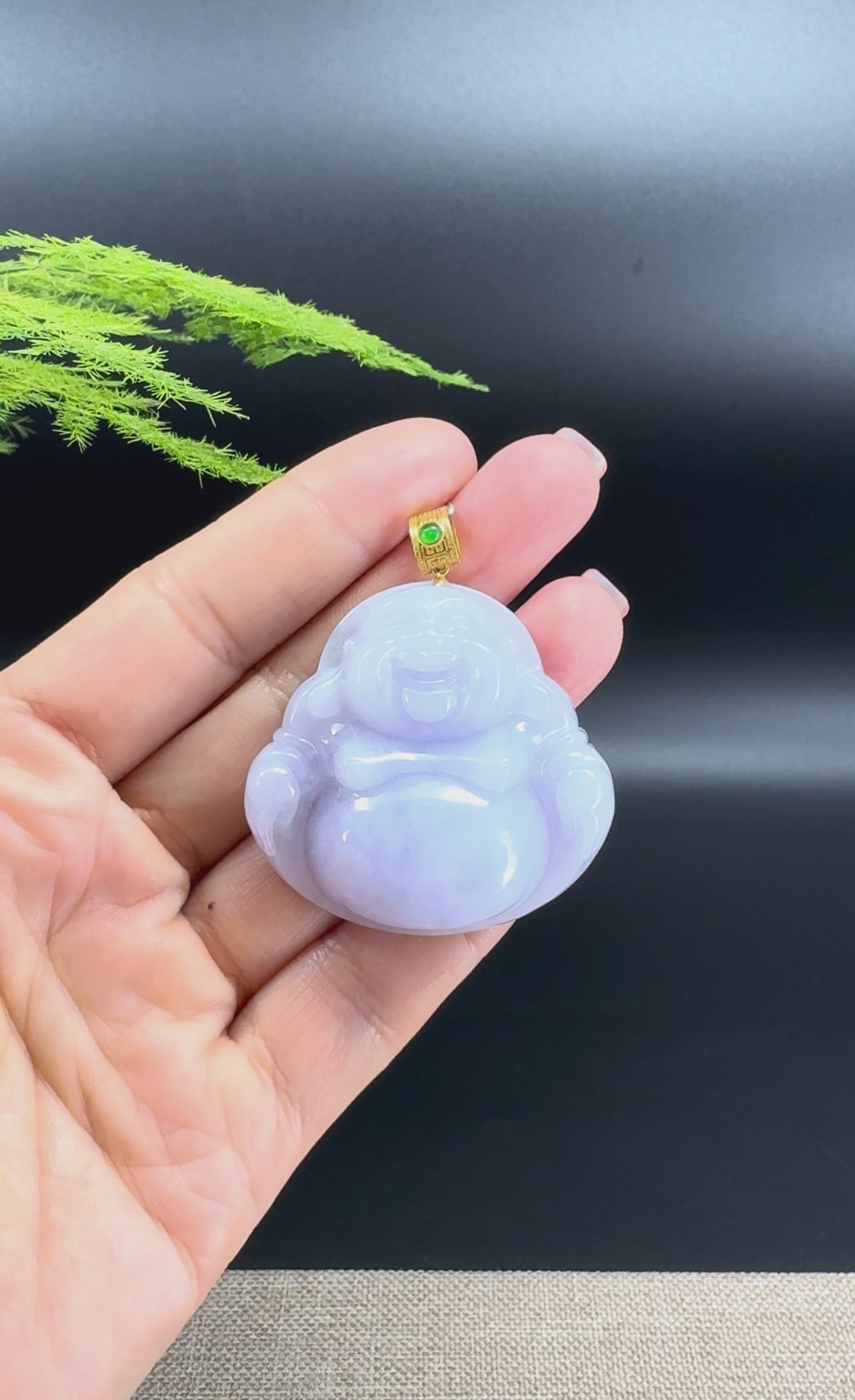 Load and play video in Gallery viewer, 18K Yellow Gold Burmese Lavender Jadeite Jade Happy Buddha Pendant

