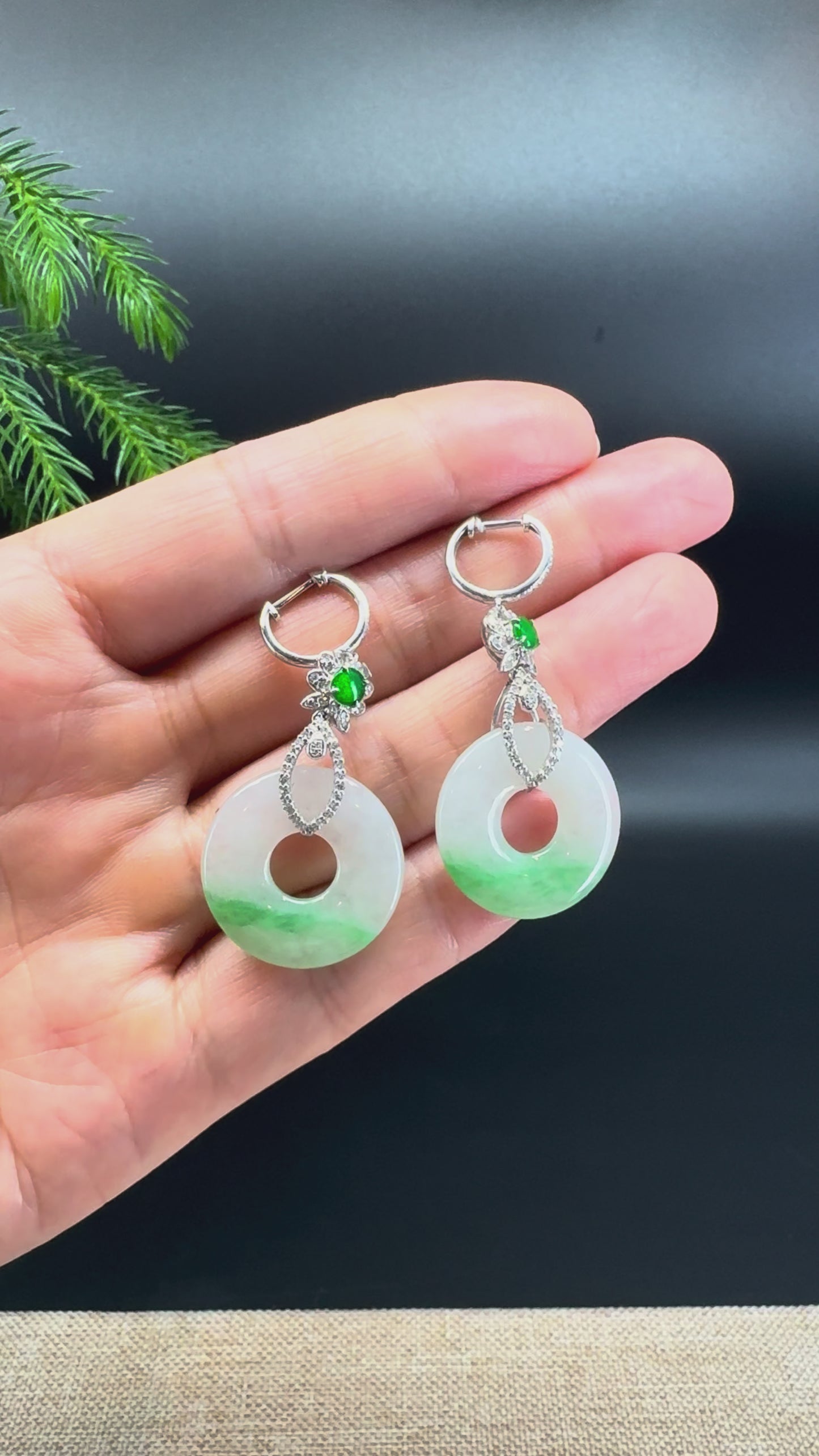Load and play video in Gallery viewer, 18k White Gold Genuine White Green(BDC) KouKou Jadeite Jade Earrings With Diamonds
