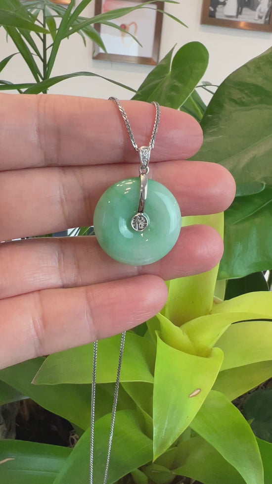 Load and play video in Gallery viewer, &amp;quot;Good Luck Button&amp;quot; Green Jadeite Jade Lucky KouKou Pendant With 14K White Gold Diamond Bail
