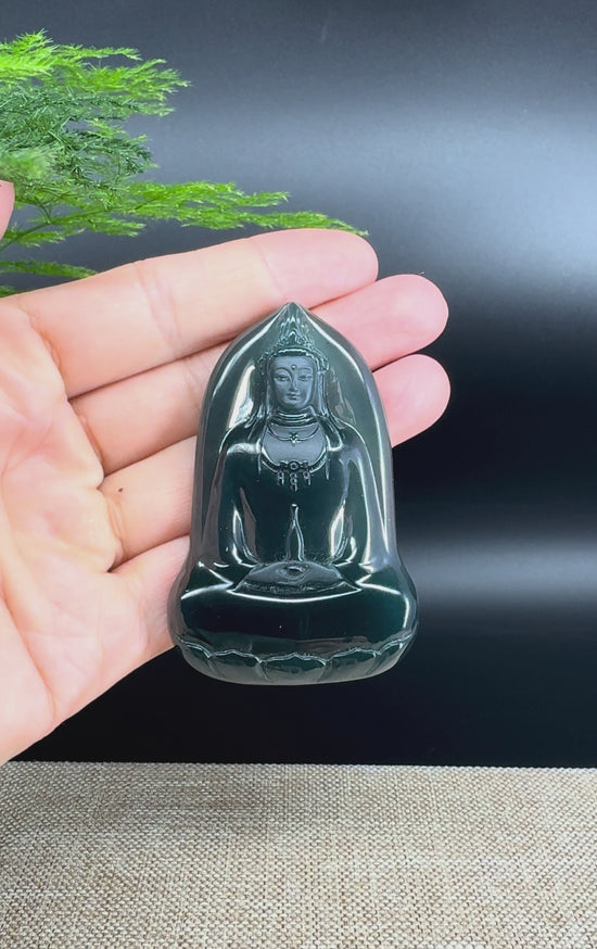 Load and play video in Gallery viewer, RealJade® Co. High Natural Guatemalan Blue Jadeite Jade GuanYin Pendant
