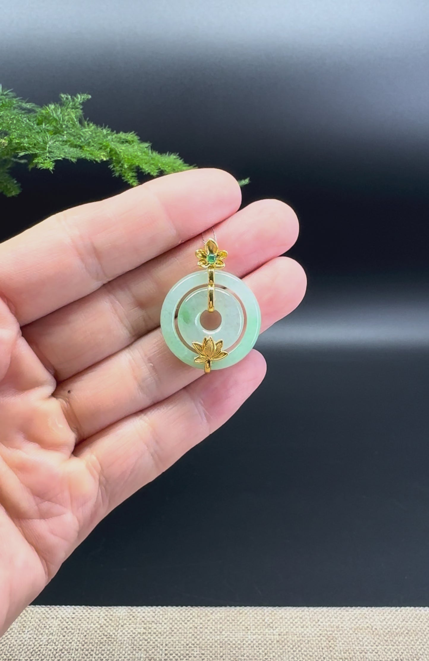 Load and play video in Gallery viewer, &amp;quot;Good Luck Button&amp;quot; Apple Green Jadeite Jade Lucky KouKou Pendant With 18K Yellow Gold Bail
