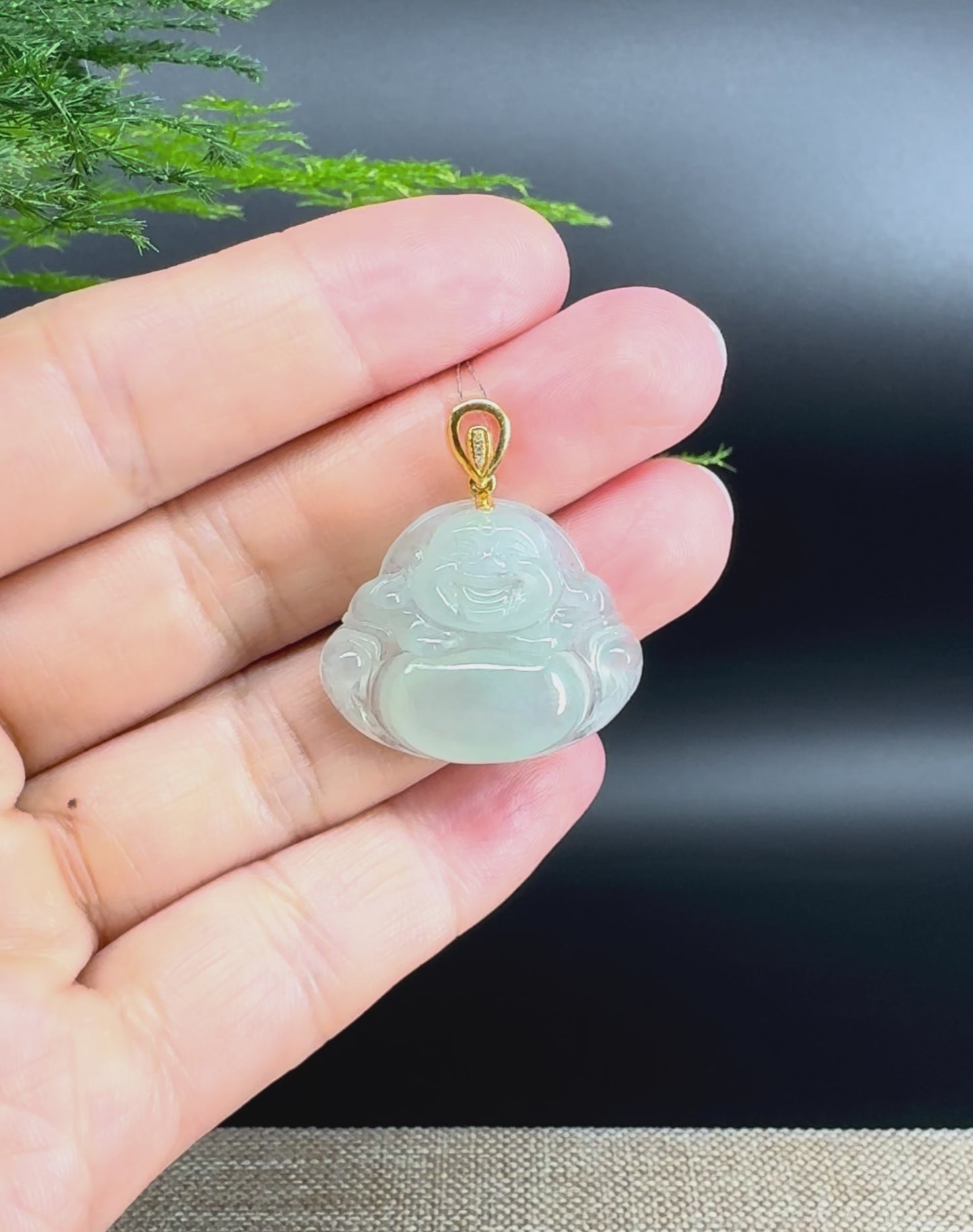 Load and play video in Gallery viewer, 18K Yellow Gold Burmese Icy Green Jadeite Jade Happy Buddha Pendant
