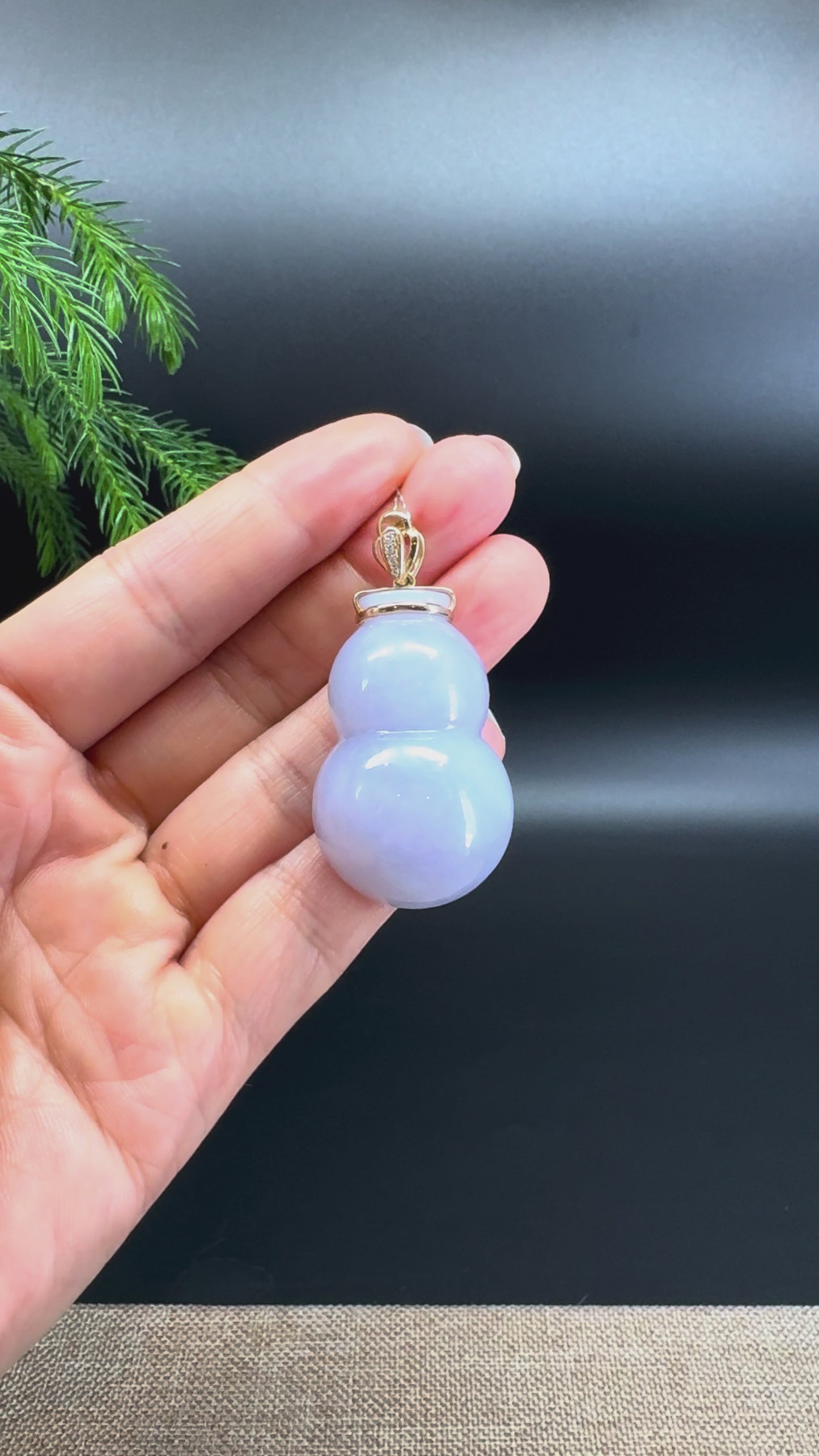Genuine Blue Lavender Jadeite Jade Hulu Necklace With 14K Yellow Gold Diamonds Bail